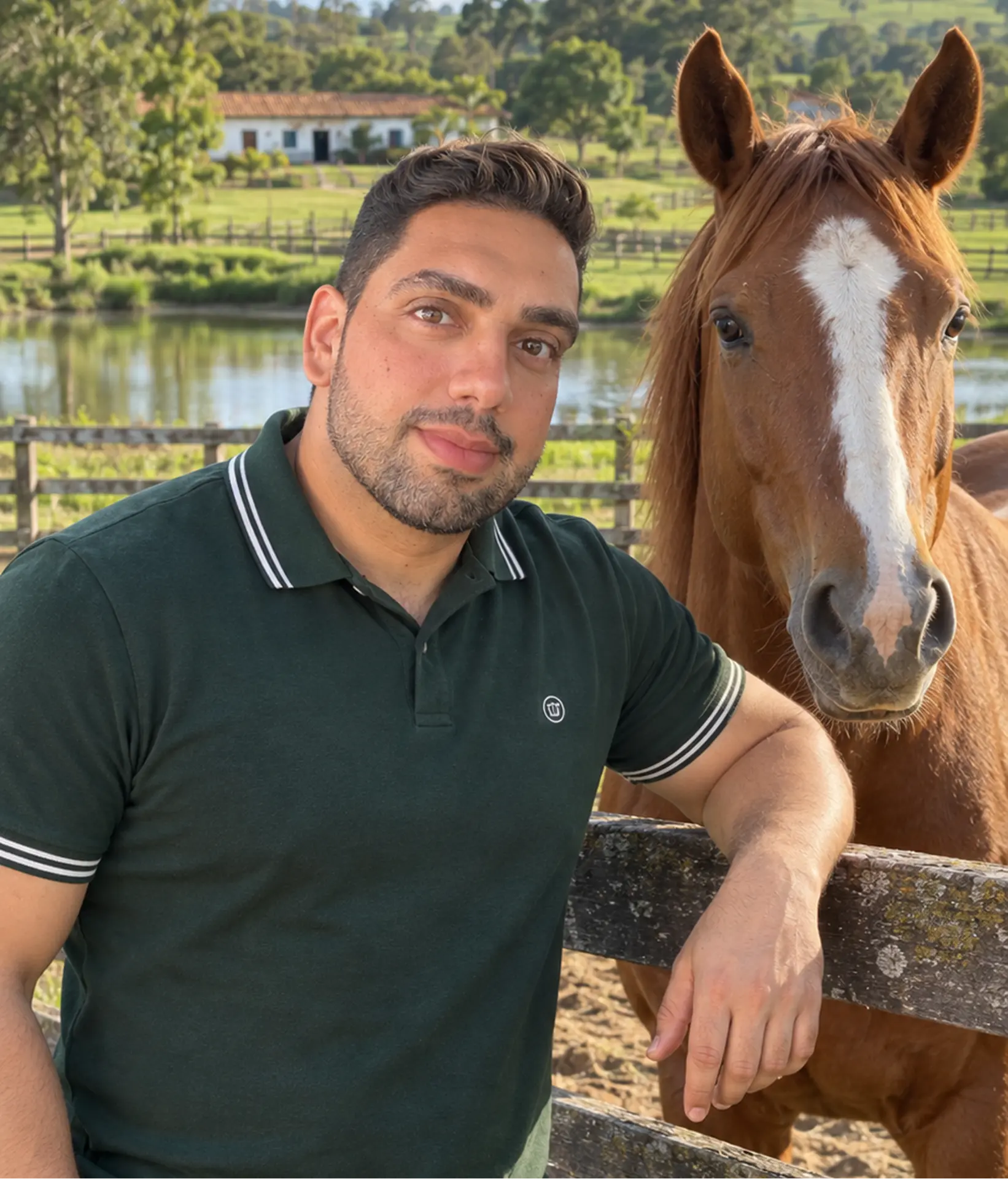 Henrique Alves ao lado de um cavalo em uma fazenda